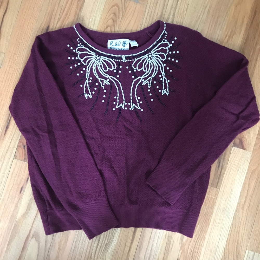 Anthropologie Field Flower Beaded Maroon Sweater